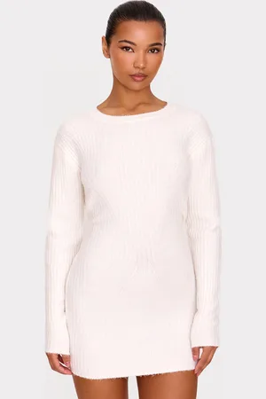 PRETTYLITTLETHING Cream Soft Textured Rib Knit Mini Dress