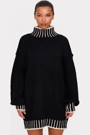 PRETTYLITTLETHING Monochrome Contrast Stitch Knitted High Neck Oversized Jumper Dress