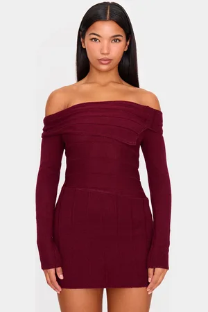 PRETTYLITTLETHING Wine Asymmetric Knitted Fold Over Mini Dress