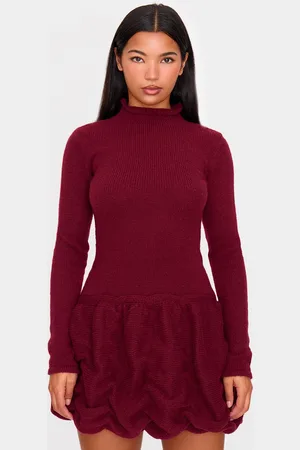 PRETTYLITTLETHING Burgundy High Neck Knitted Puffball Mini Dress
