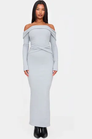 PRETTYLITTLETHING Ribbed Bardot Wrap Detail Maxi Dress