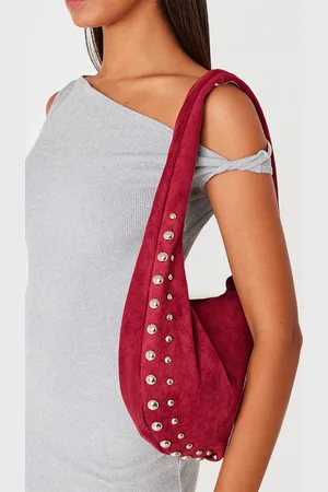 PRETTYLITTLETHING Burgundy Faux Suede Studded Shoulder Bag