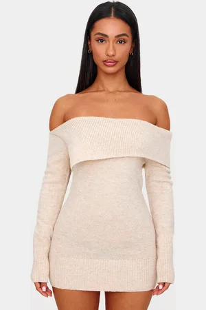 PRETTYLITTLETHING Petite Beige Knitted Foldover Asymmetric Micro Mini Dress