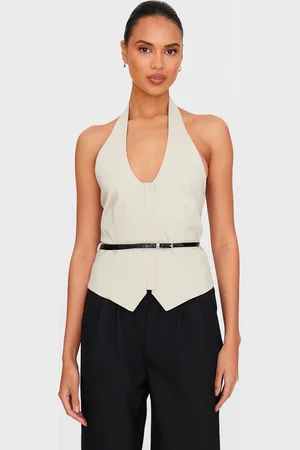 PRETTYLITTLETHING Stone Bengaline Belted Halterneck Long Top