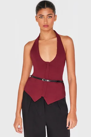 PRETTYLITTLETHING Burgundy Bengaline Belted Halterneck Long Top