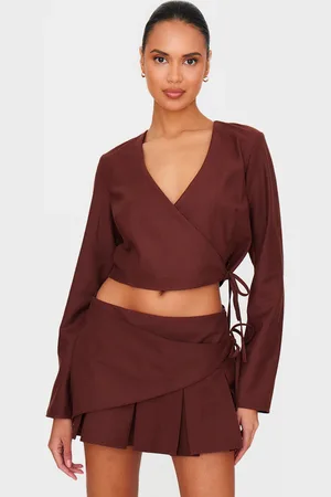 PRETTYLITTLETHING Brushed Woven Tailored Wrap Tie Top