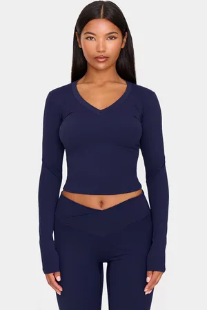 PRETTYLITTLETHING Navy Sculpt V Neck Long Sleeve Top