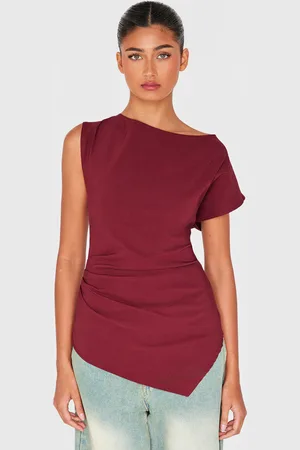 PRETTYLITTLETHING Burgundy Bengaline Slouch Asymmetric Long Top