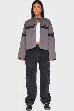 PRETTYLITTLETHING Charcoal Zip Up Stripe Jacket