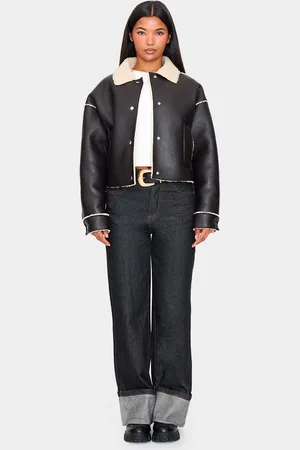 PRETTYLITTLETHING Textured Faux Leather Borg Trim Cropped Coat