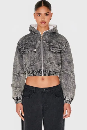 PRETTYLITTLETHING Faux Fur Lined Hood Cropped Denim Jacket