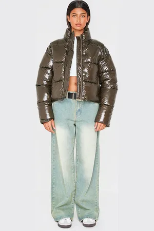 PRETTYLITTLETHING Khaki Quilted High Shine Puffer