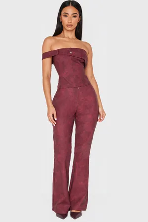 PRETTYLITTLETHING Petite Burgundy Faux Leather Zip Front Flared Trousers