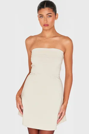 PRETTYLITTLETHING Cream Stretch Woven Bandeau Mini Shift Dress