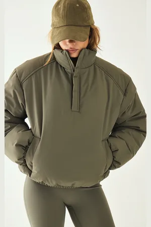 PRETTYLITTLETHING Olive High Neck Cropped Puffer Jacket