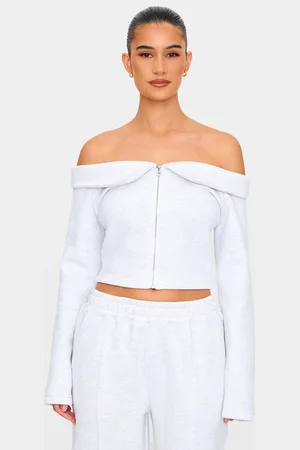 PRETTYLITTLETHING Off The Shoulder Zip Front Sweat Top