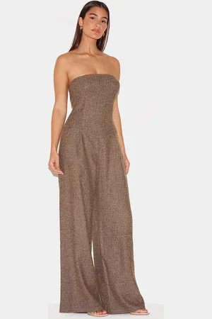 PRETTYLITTLETHING Taupe Tailored Herringbone Bandeau Wide Leg Jumpsuit
