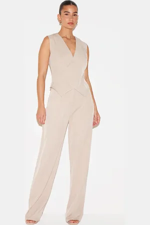PRETTYLITTLETHING Stone Woven Asymmetric Detail Waistcoat Straight Leg Jumpsuit