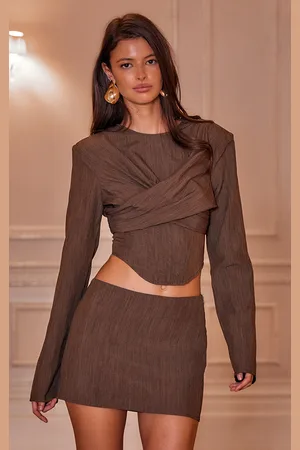PRETTYLITTLETHING Chocolate Brown Tailored Draped Bust Detail Corset Top