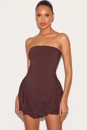 PRETTYLITTLETHING Stretch Woven Bandeau Puffball Mini Dress