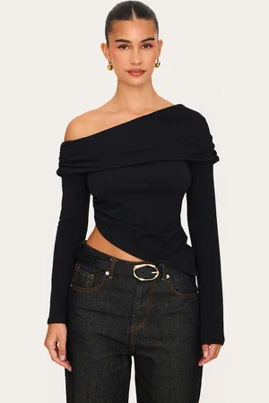 PRETTYLITTLETHING Contour Jersey Fold Over Detail Bardot Long Sleeve Top