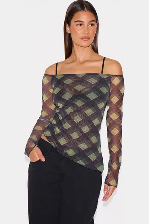 PRETTYLITTLETHING Checked Bardot Asymmetric Hem Long Sleeve Top