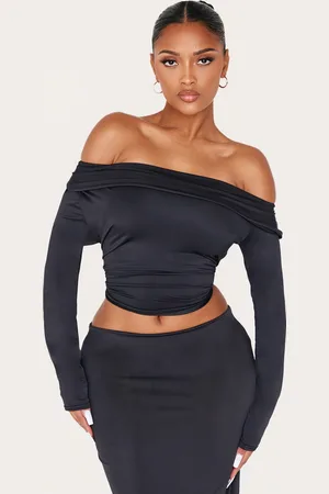 PRETTYLITTLETHING Shape Sculpt Fold Over Bardot Long Sleeve Top