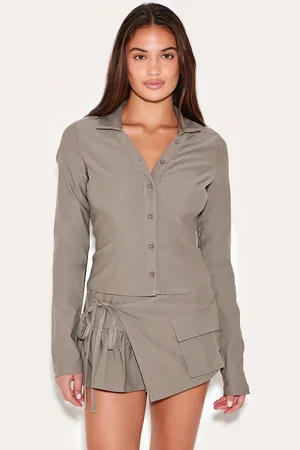 PRETTYLITTLETHING Taupe Woven Long Sleeve Cargo Detail Shirt