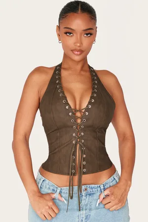 PRETTYLITTLETHING Shape Olive Washed Faux Leather Halter Neck Lace Up Corset
