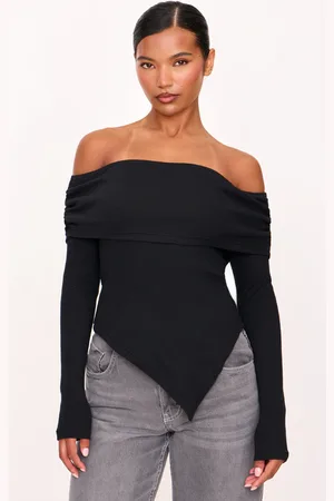 PRETTYLITTLETHING Fold Over Bardot Dipped Hem Long Top