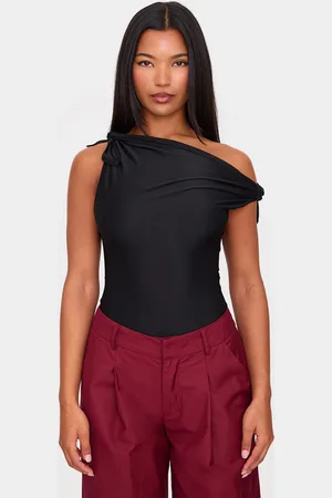 PRETTYLITTLETHING Slinky Tie Shoulder Asymmetric Bodysuit