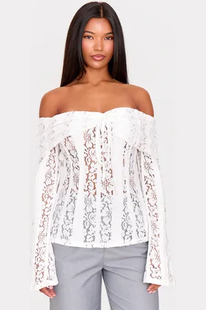 PRETTYLITTLETHING Fitted Lace Flared Sleeve Bardot Top
