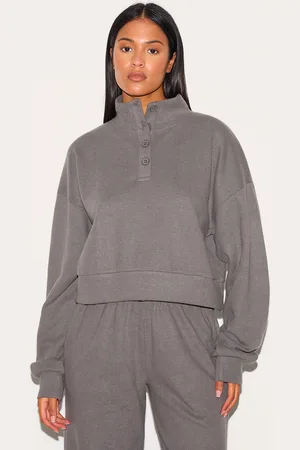 PRETTYLITTLETHING Tall Charcoal Brushed Button Up Sweatshirt