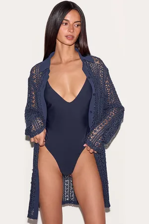 PRETTYLITTLETHING Navy Crochet Oversized Beach Shirt