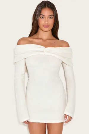 PRETTYLITTLETHING Cream Brushed Rib Bardot Long Sleeve Bodycon Dress