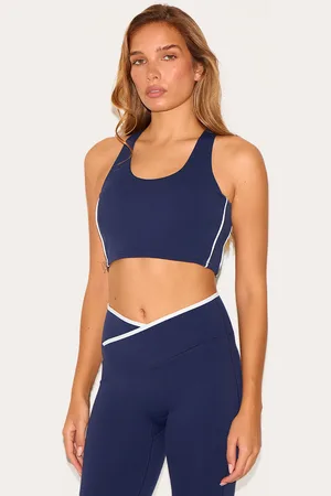 PRETTYLITTLETHING Navy Sculpt Double Layer Padded Contrast Binding Sports Bra