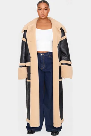 PRETTYLITTLETHING Plus Faux Vintage Leather And Borg Coat