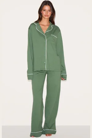 PRETTYLITTLETHING Khaki Jersey Piping Detail Long PJ Set