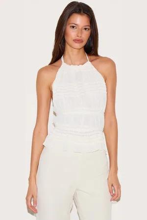 PRETTYLITTLETHING Cream Texture Frill Halter Neck Top