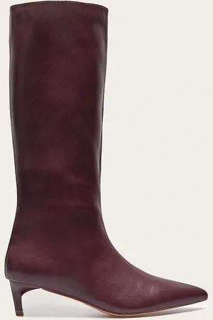 PRETTYLITTLETHING Plum PU Point Toe Low Stiletto Knee High Heeled Boots