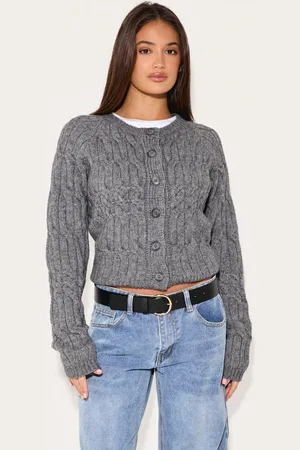PRETTYLITTLETHING Charcoal Cable Knit Button Up Cardigan