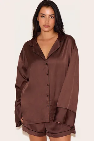 PRETTYLITTLETHING Plus Satin Piping Long Sleeve Short Pj Set