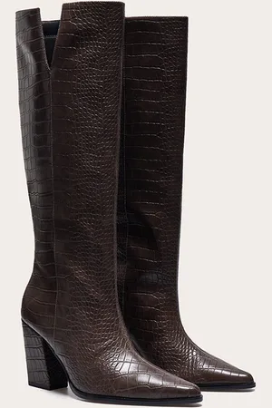 PRETTYLITTLETHING Croc PU Point Toe Block Heeled Knee High Boots