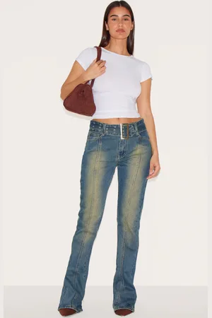 PRETTYLITTLETHING Belted Seam Front Flare Jeans