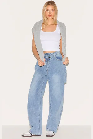 PRETTYLITTLETHING Asymmetric Waistband Baggy Low Rise Thigh Split Boyfriend Jeans