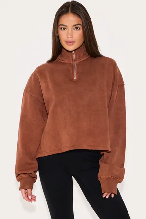 PRETTYLITTLETHING Taupe Washed Boxy Quarter Zip Sweatshirt