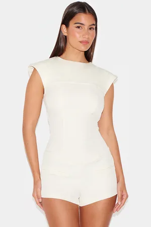 PRETTYLITTLETHING Cream Tailored Woven Boatneck Cap Sleeve Playsuit