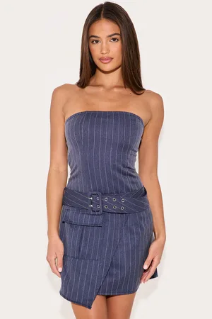 PRETTYLITTLETHING Navy Pinstripe Bandeau Belted Pocket Detail Shift Dress