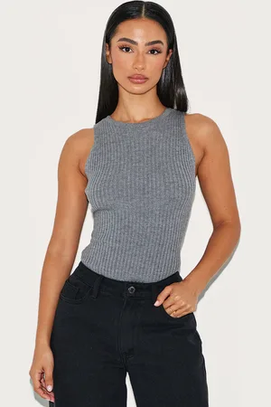 PRETTYLITTLETHING Petite Charcoal Knitted Tie Back Bodysuit