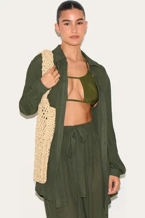 PRETTYLITTLETHING Khaki Linen Look Oversized Beach Shirt